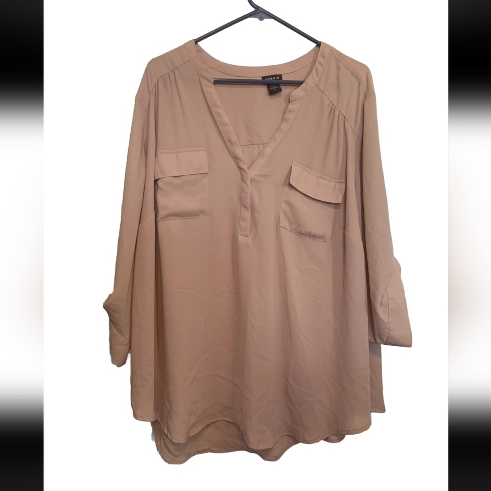 Torrid Harper Shirt Women Popover Sheer V Neck 3/4 Sleeve Pocket Pink Size 3